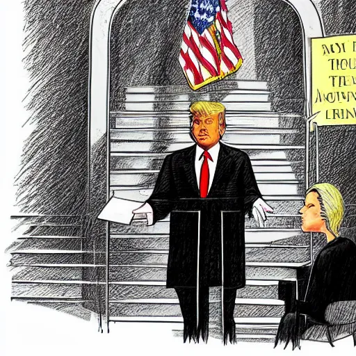 Prompt: a court drawing depicting donald trump being sentenced by a black female judge