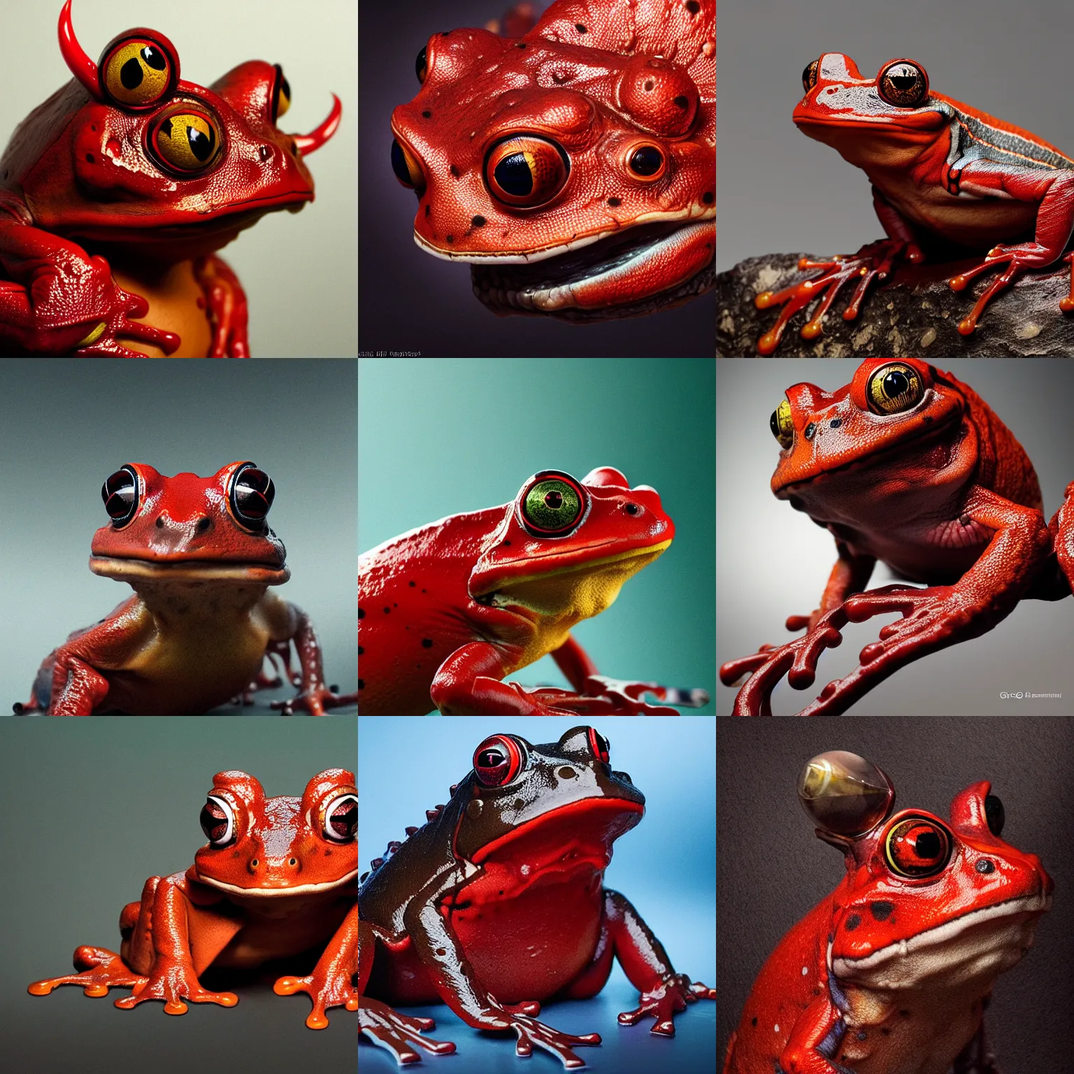 Prompt: professional studio photo of demon red frog with horn on this head, fantasy, by greg rutkowski, artstation, chimerical, national - geographic, ultra detailed, macro photography