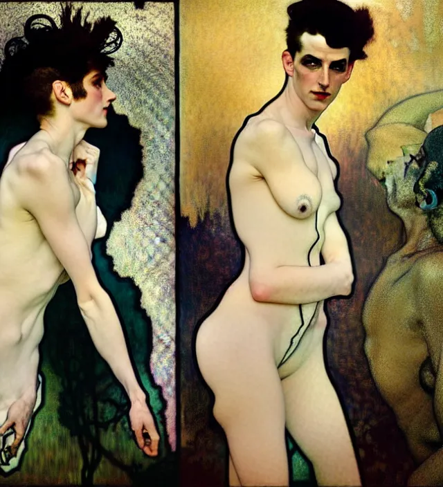 Image similar to stunning portrait of highly details androgynous e as desire from sandman, rockabilly style, white suit and black tie,, by egon shiele and alphonse mucha, with influence of jeremy mann, peter lindbergh, dave mckean, maurice sapiro, and frank moth, soft lightning, highly detailed, 8 k