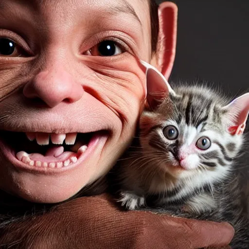 Prompt: an ugly goblin gently holding a kitten