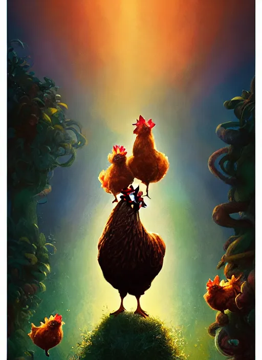 Image similar to a hen and her two chicks on a rainbow movie by nuri iyem, james gurney, james jean, greg rutkowski, anato finnstark. pixar. hyper detailed, 5 0 mm, award winning photography, perfect faces