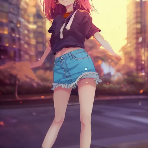 Image similar to a very beautiful anime girl, full body, long golden hair, sky blue eyes, full round face, short smile, mini jeans skirt, cute top, urban setting, cinematic lighting, medium shot, mid-shot, highly detailed, trending on Artstation, Unreal Engine 4k, cinematic wallpaper by Stanley Artgerm Lau, WLOP, Rossdraws, James Jean, Andrei Riabovitchev, Marc Simonetti, and Sakimichan