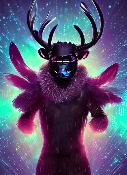 Image similar to award winning beautiful portrait commission of a male furry anthro Black Reindeer cyberpunk fursona with a tail, wings, wings, wings and a cute beautiful attractive detailed furry face wearing a crown, stylish black and rainbow galaxy clothes, outline, in a cyberpunk city at night while it rains. Character design by charlie bowater, ross tran, artgerm, and makoto shinkai, detailed, inked, western comic book art