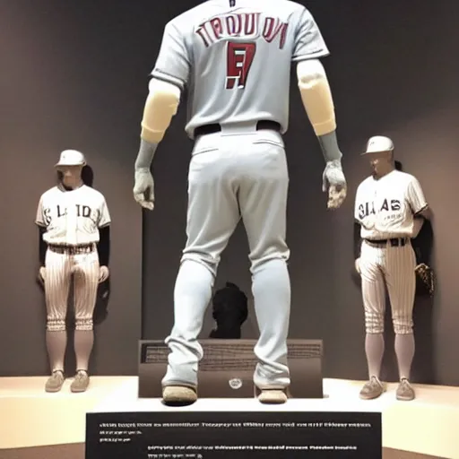 Image similar to “a realistic detailed photo of a guy who is an attractive humanoid who is half robot and half humanoid, who is a male android, baseball player Mike Trout, shiny skin, posing like a statue, blank stare, at a museum, on display”