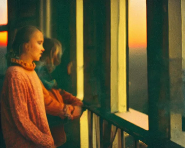 Image similar to lomo photo of pair standing on small hrushevka balcony full with cigarette smoke in small russian town looking at sunset, cinestill, bokeh