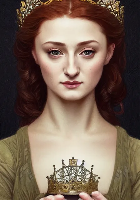 Image similar to portrait of sansa stark with crown, intricate, elegant, highly detailed, digital painting, artstation, concept art, smooth, sharp focus, illustration, art by artgerm and greg rutkowski and alphonse mucha and william - adolphe bouguereau