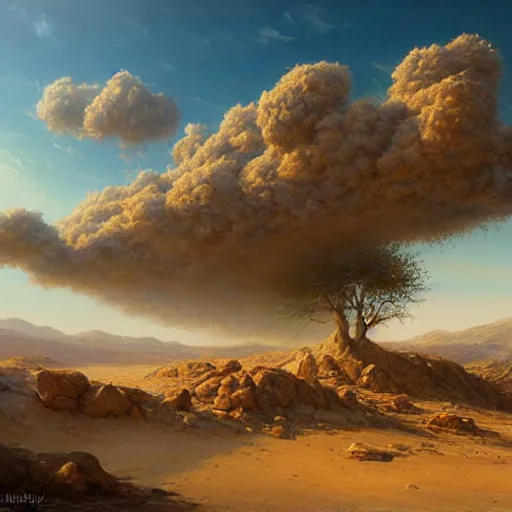 Image similar to a beautiful sand and ash landscape with rocks jutting out of the ground and a deep blue sky. dust clouds. by Peter Mohrbach and Mark Keathley, highly detailed concept art