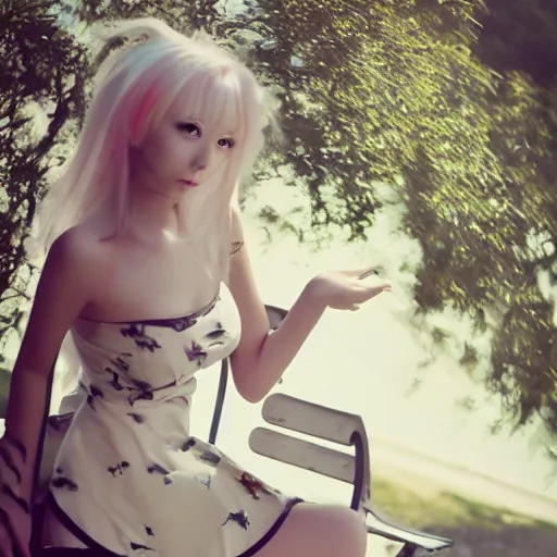 Image similar to anime kerli koiv young female model sitting on bench photography sun dress beautiful face and body, dramatic light 8 0 mm camera