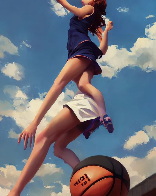 Image similar to A ultradetailed beautiful panting of a stylish girl dunking a basketball, Oil painting, by Ilya Kuvshinov, Greg Rutkowski and Makoto Shinkai