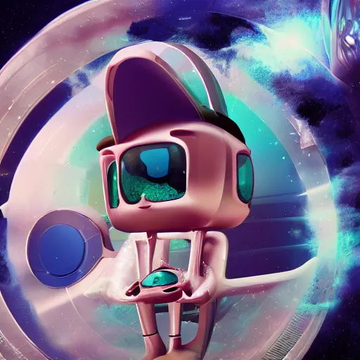 Prompt: 3D render of a cute alien in a spaceship in space, digital art, 8k