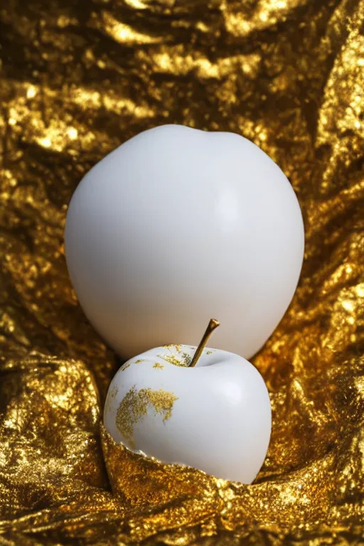 Prompt: Photo of a white marble apple partially covered in dripping gold paint, studio lighting, high resolution, award winning.