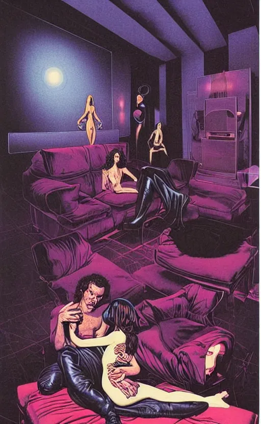 Prompt: Man and woman start to bounce in a living room of a house, floating dark energy surrounds the middle of the room. There is one living room plant to the side of the room, and another woman with siren body sitting on the sofa, surrounded by a background of dark cyber mystic alchemical transmutation heavenless realm, cover artwork by philippe caza, midnight hour, part by francis bacon, part by jeffrey smith, part by josan gonzales, part by norman rockwell, part by phil hale, part by kim dorland, rich deep color scheme, artstation, matte gouache illustration, highly detailed,