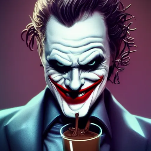 Image similar to Joker drinking a chocolate milkshake, hyperdetailed, artstation, cgsociety, 8k