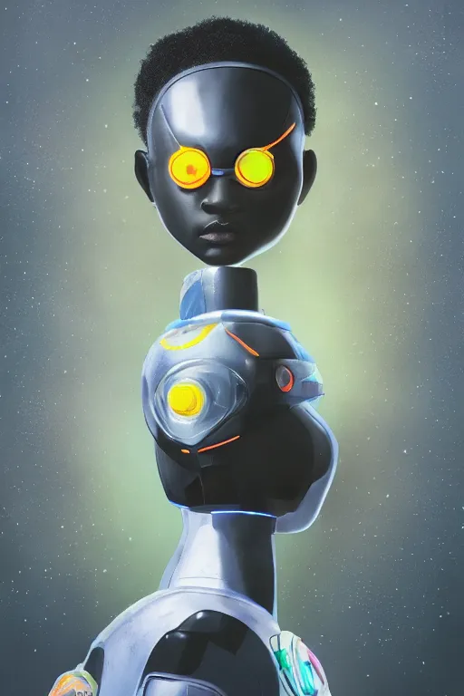 Image similar to a black kid playing with a futuristic robot in the nature, mixing solarpunk, afropunk, cyberpunk, ( ( ( ( volumetric light ) ) ) ), high angle, part by pearl fryar, part by prince damah, sunny day, trending on artstation, cinematic view, illustration, painting, realistic