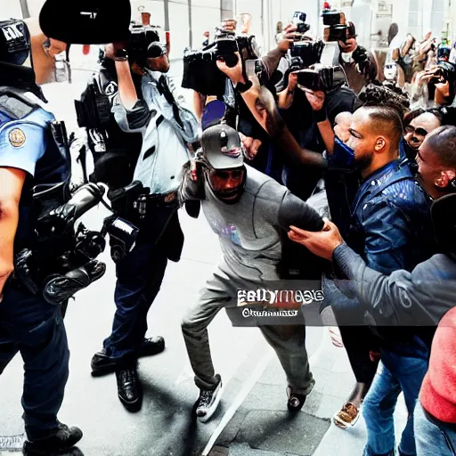 Image similar to rapper leaving a police station surrounded by paparazzi and fans after being arrested, ultra detailed, photorealistic, dynamic light