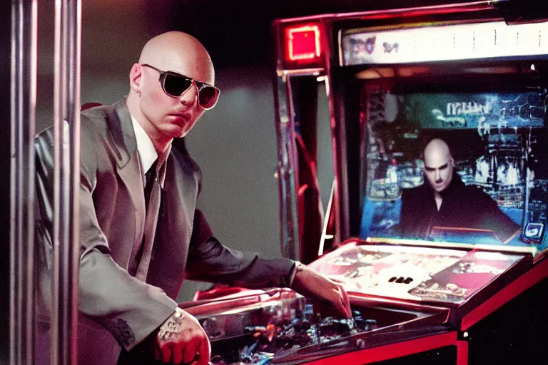 Prompt: pitbull using a computer while trapped in a pinball machine, in 1 9 8 5, y 2 k cybercore, industrial low - light photography, still from a kiyoshi kurosawa movie