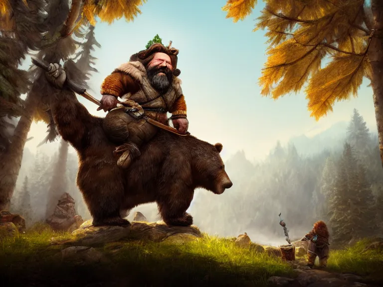 Image similar to Drunk Dwarf Woodsman riding Bear Companion into a Tavern, RPG Portrait Full Body, Oil Painting, Trending on Artstation, octane render, Insanely Detailed, 8k, HD