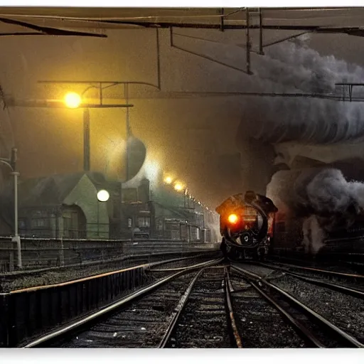 Image similar to a hyperdetailed photograph of the flying scotsman on the rails producing lots of black smoke in an old timey city, night, dense fog, rain, hd, 8 k resolution by greg rutowski, stanley artgerm, alphonse mucha