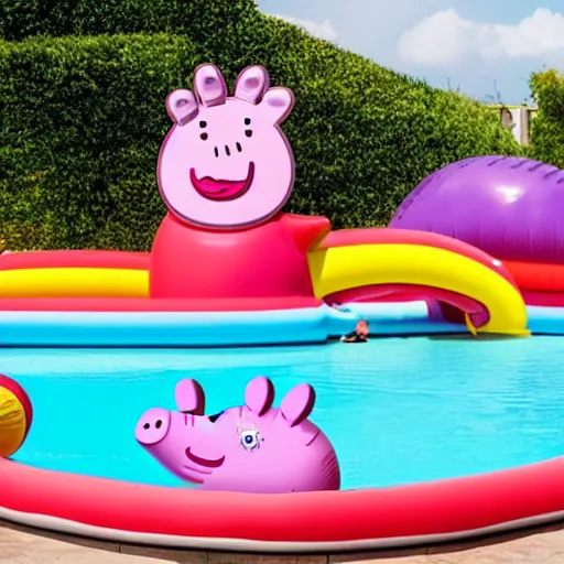 Image similar to a large inflatable float of Peppa Pig in a luxury hotel swimming pool