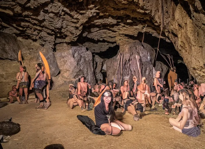 Image similar to neolithic people at a psytrance festival in a cave
