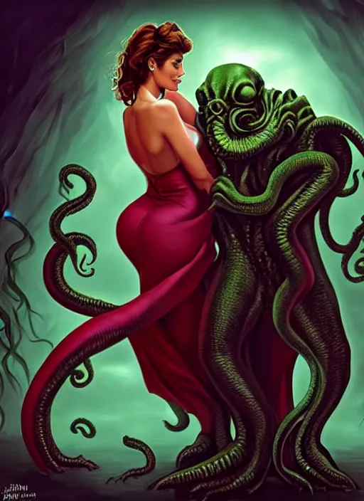 Prompt: mills and boon romance novel cover with cthulhu and eva mendes, they are in love, digital painting, artstation, concept art, smooth, sharp focus, warm lighting,