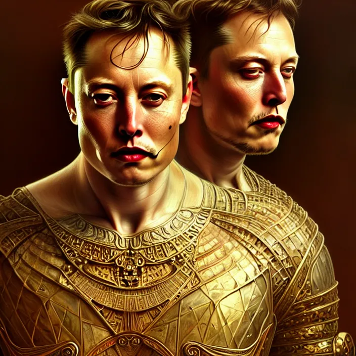 Image similar to ancient king elon musk, symetrical, diffuse lighting, fantasy, intricate, elegant, highly detailed, lifelike, photorealistic, digital painting, artstation, illustration, concept art, 4 k, smooth, sharp focus, art by john collier and albert aublet and krenz cushart and artem demura and alphonse mucha
