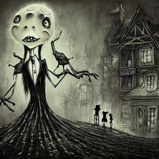 Image similar to grunge cartoon drawing of the end of the world by - michael karcz , in the style of corpse bride, loony toons style, horror themed, detailed, elegant, intricate