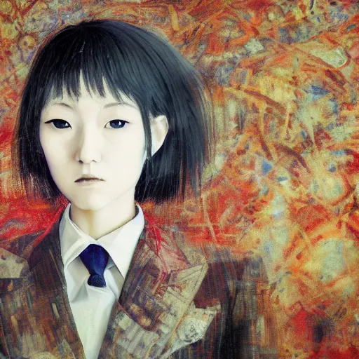 Image similar to yoshitaka amano blurred and dreamy realistic three quarter angle portrait of a young woman with short hair and black eyes wearing office suit with tie, junji ito abstract patterns in the background, satoshi kon anime, noisy film grain effect, highly detailed, renaissance oil painting, weird portrait angle, blurred lost edges