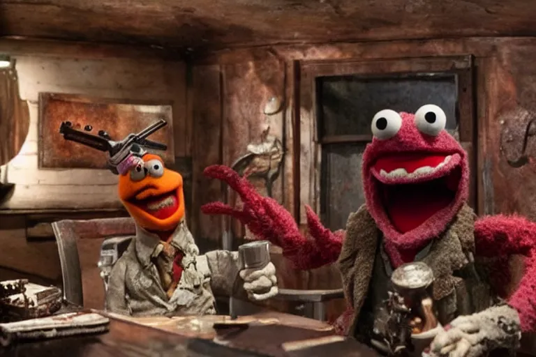 Image similar to High definition scene, inside the cabin, from Evil Dead Muppets starring BRUCE CAMPBELL as ASH