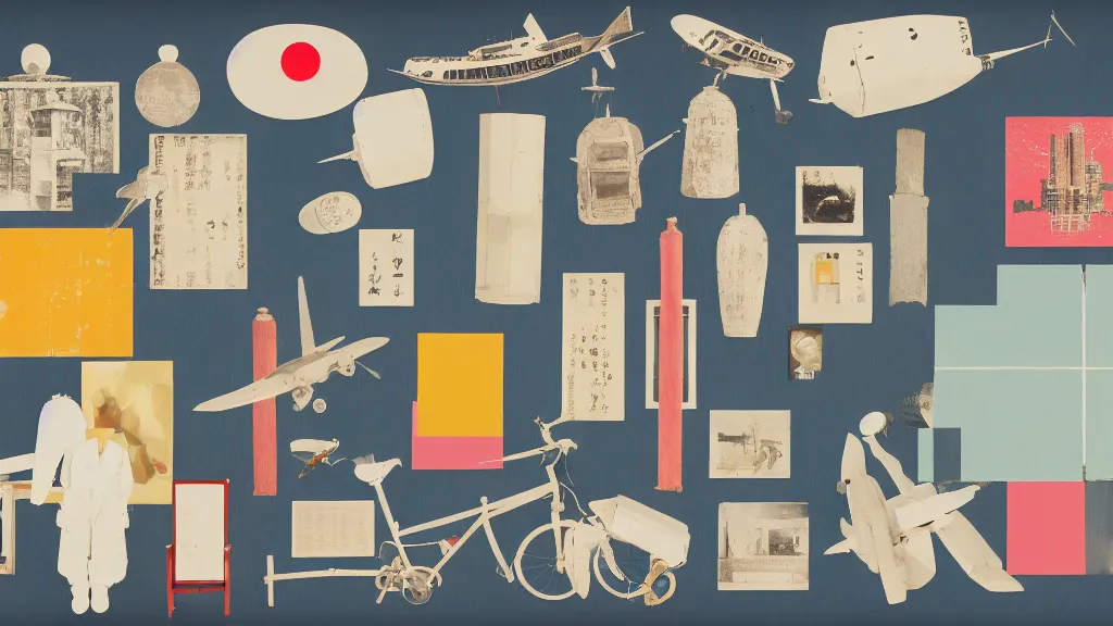 Image similar to an arrangement of traveller explorer props, japan, a collage painting, in the style of wes anderson, lola dupre, david hockney, isolated on negative white space background dark monochrome neon spraypaint accents volumetric octane render