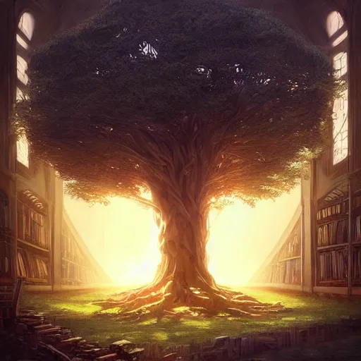 Prompt: a beautiful giant tree growing in the middle of an ancient vast Victorian library indoors. an opening into a library tree. a fantasy digital art, fantasy style art, fantasy hearthstone art style, fantasy game art by greg rutkowski