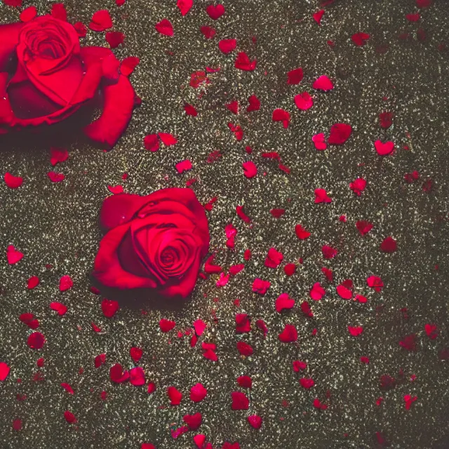 Prompt: rose laying on the ground, fire and smoke from rose petals, at night, on gravel, vintage phone camera with flashlight