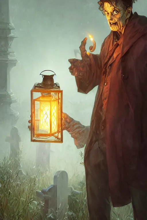 Image similar to male senior holding a lantern in a cemetery several zombies, highly detailed, digital painting, artstation, concept art, smooth, sharp focus, illustration, art by artgerm and greg rutkowski and alphonse mucha and andrei riabovitchev