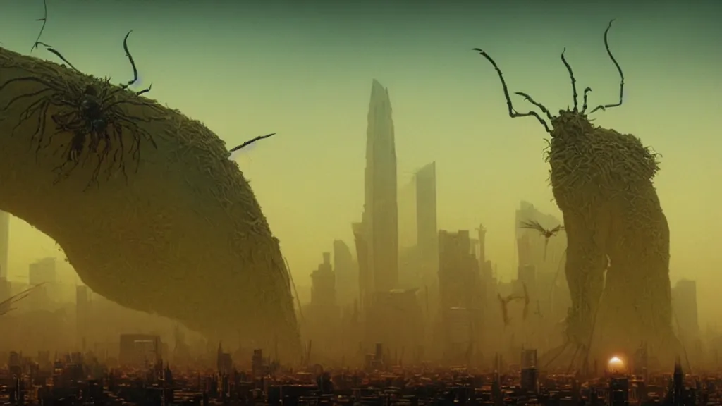 Prompt: giant insects crush a city, film still from the movie directed by Denis Villeneuve with art direction by Zdzisław Beksiński, close up, low angle, golden hour