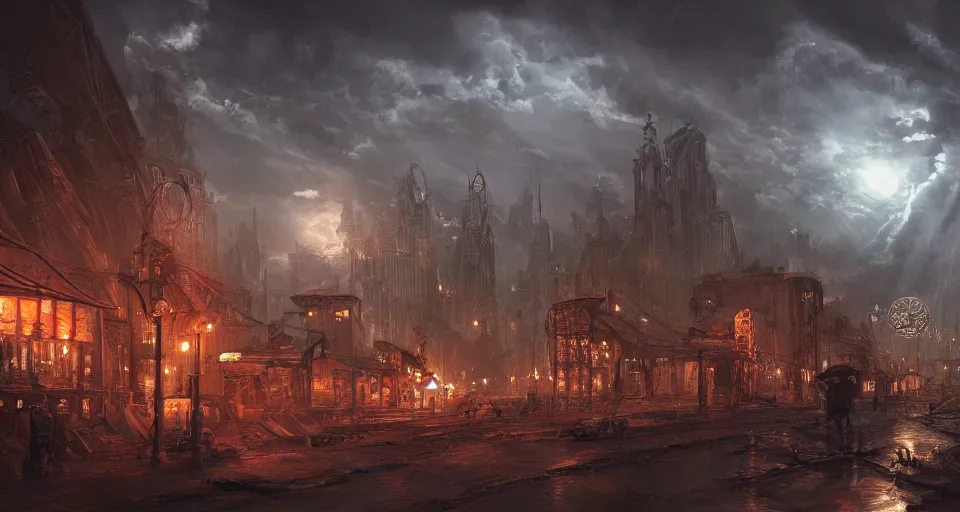 Prompt: eldritch, steampunk city, windy, by eugene von guerard, ivan shishkin, night, red lightning!!, storm!, dramatic lighting, concept art, trending on artstation, 8 k