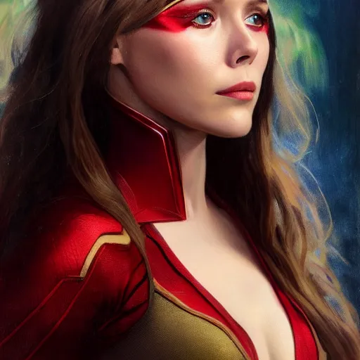 Prompt: ultra realistic portrait painting of elizabeth olsen as scarlet witch, art by frank frazetta, 4 k, ultra realistic, highly detailed, epic lighting.