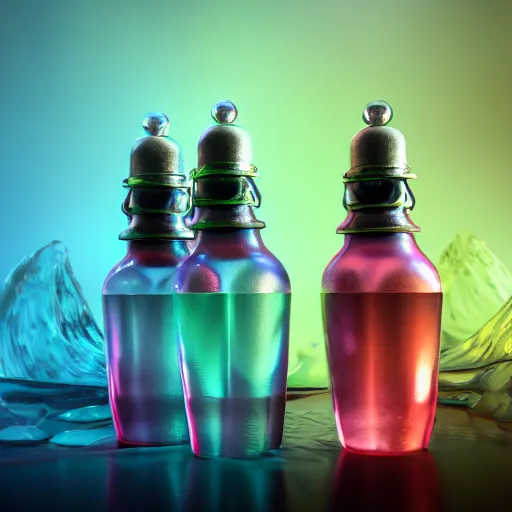 Prompt: A set of fantasy potion bottles full of swirling liquid, octane render, trending on artstation