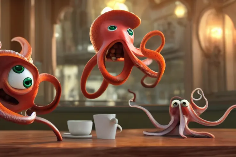 Image similar to Angry little octopus threaten with a fist from a cup of coffee in beautiful morning café in Paris. Pixar Disney 4K 3d render funny animation movie Oscar winning trending on ArtStation and Behance. Oscar Award winner