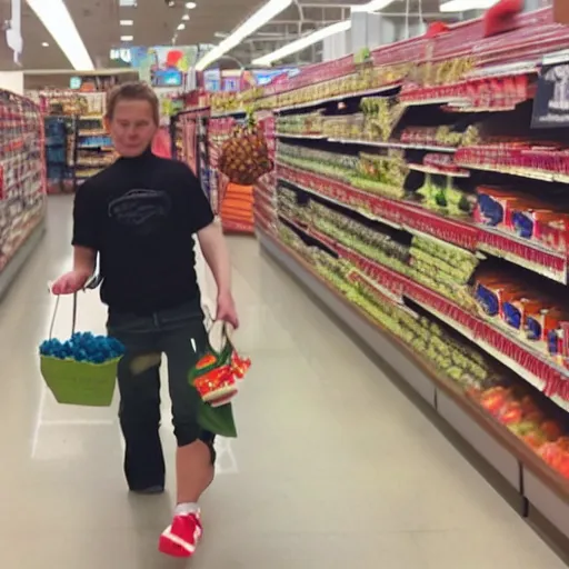 Prompt: realistic photo of rowan aktinson stealing a pineapple from target