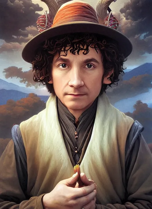 Image similar to a highly detailed airbrush painting of a hobbit mage with a big nose, trending on artstation, unreal 5, daz, hyperrealistic, pathfinder, d & d, rpg, roleplay, art by tristan eaton and artgerm and william adolphe bouguereau