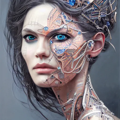 Image similar to a robotic goddess, tattoo face, jewelry skin, highly detailed, digital painting, smooth, sharp, beautiful face, expressive eyes, highly intricate, art by greg rutkowski and alex gray