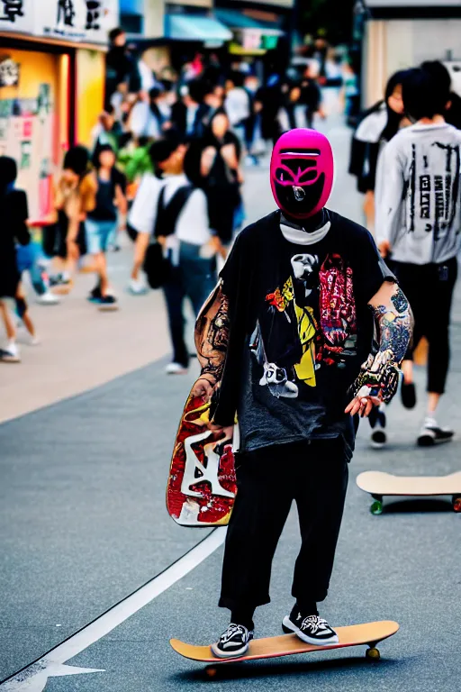 Image similar to masked guy with skateboard in harajuku, portrait, cinematic view, bokeh, extreme detailed, vogue photo style, proportional, dynamic composition, intricate, comfort posse, smooth, sharp focus, body features, ultra realistic, award winning photo, captured by nikon d 8 5 0, 4 5. 7 mp lens, 4 k, full body.