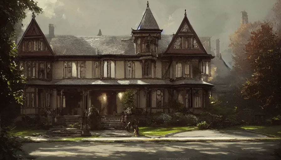 Prompt: portrait of a victorian manor house on a street, architecture, detailed, cinematic lighting, digital art painting by greg rutkowski