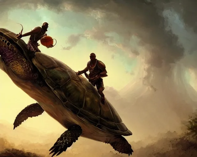 Image similar to kobe bryant riding on a turtle in heaven, fantasy art, in the style of greg rutkowski, illustration, epic art, fantasy, intricate, elgant, amazing detail, digital painting, artstation, concept art, smooth, sharp focus