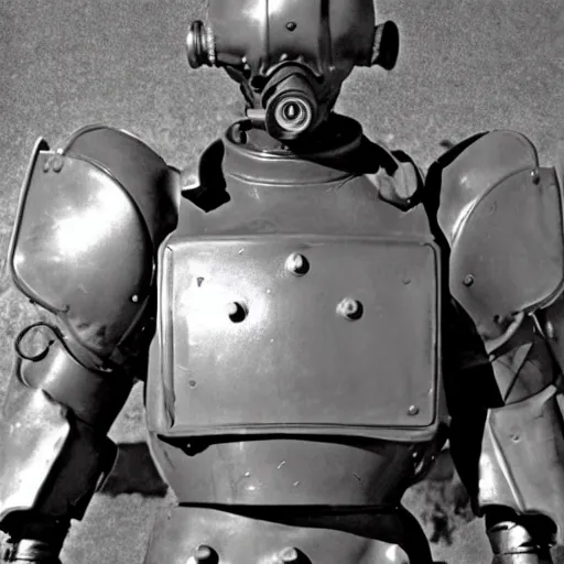 Image similar to war photography usa fission powered power armor 1 9 5 0 s