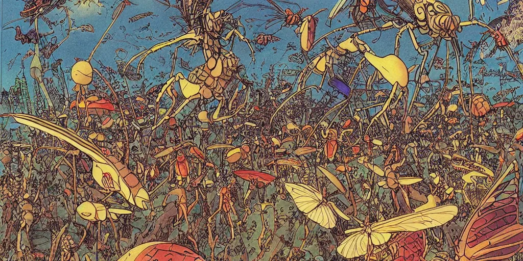 Prompt: insect carnival, by moebius