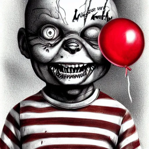 Image similar to surrealism grunge cartoon portrait sketch of chucky with a wide smile and a red balloon by - michael karcz, loony toons style, freddy krueger style, horror theme, detailed, elegant, intricate