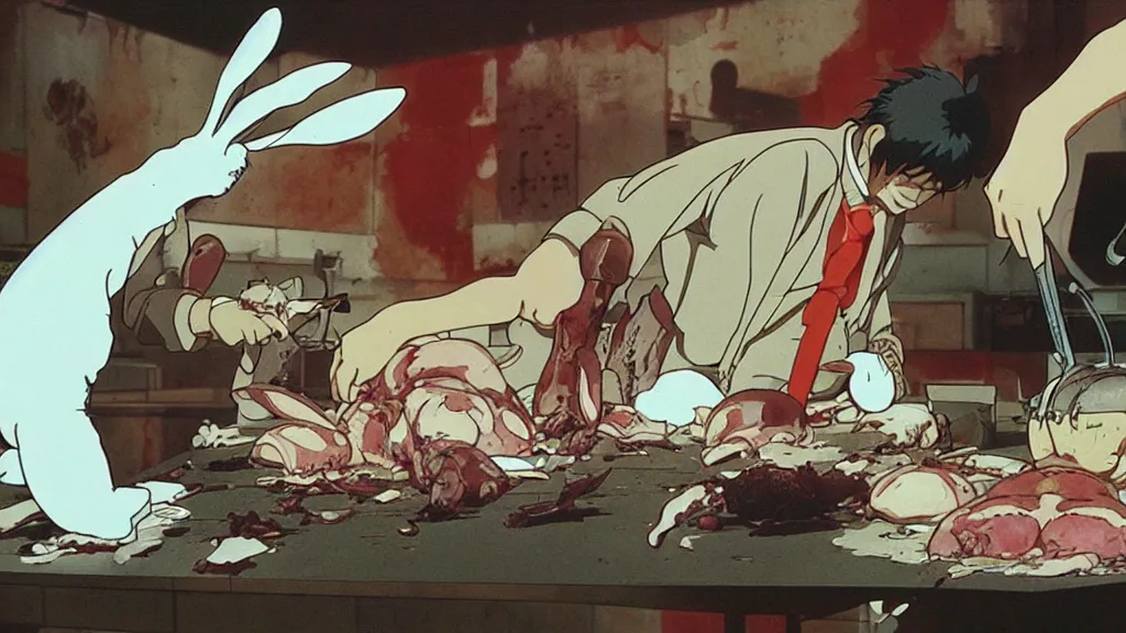 Image similar to a rabbit being butchered, anime film still from the an anime directed by Katsuhiro Otomo with art direction by Salvador Dalí, wide lens