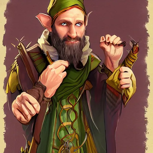 Prompt: Young bearded John Malkovich as Tarski Fiume, half-elf Time Wizard, iconic character art by Wayne Reynolds for Paizo Pathfinder RPG