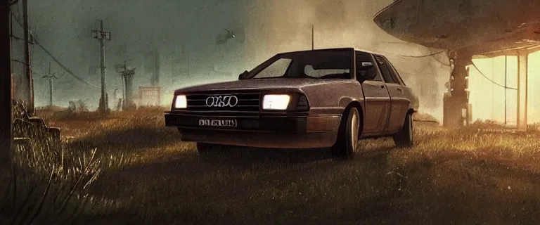 Image similar to Scrap Audi 80 B3 Avant (1988) facing a combine APC, Half-Life 2: Episode 2 (PC), a post-apocalyptic outland, dramatic lighting, cinematic, establishing shot, extremely high detail, photorealistic, cinematic lighting, artstation, by simon stalenhag